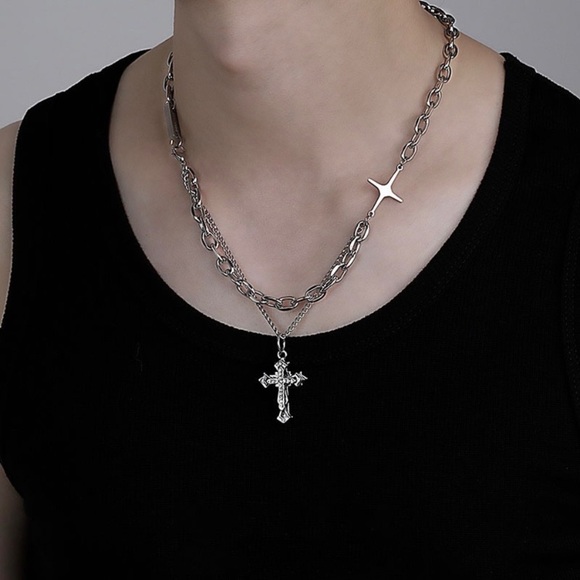 Titanium Steel Layered Cross Pendant Necklace for Men Women,Cross Necklace - Picture 1 of 4